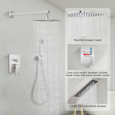 Concealed Dual Function Pressure Balanced Shower Valve With Rainfall Head Hand Shower And Hose In Brushed Nickel Finish System