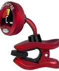 Red ST-2 Multi Instrument Chromatic Tuner with rechargeable battery, eco friendly design, and 360 degree rotating screen, side view.