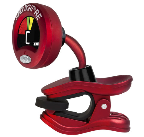 Red ST-2 Multi Instrument Chromatic Tuner with rechargeable battery, eco friendly design, and 360 degree rotating screen, side view.