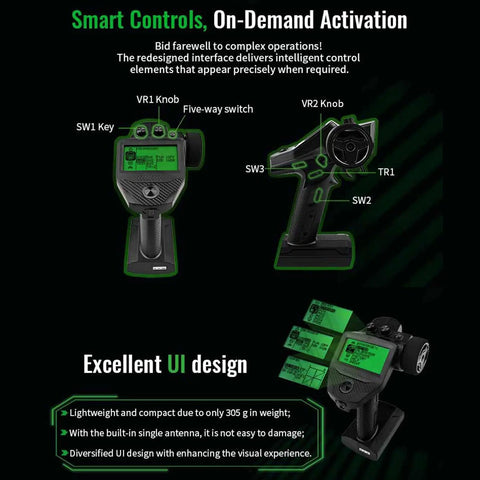 10 Channel RC Transmitter With 11 Channel Receiver 2.4GHz LCD Display Remote Controller with labeled interface knobs and switches