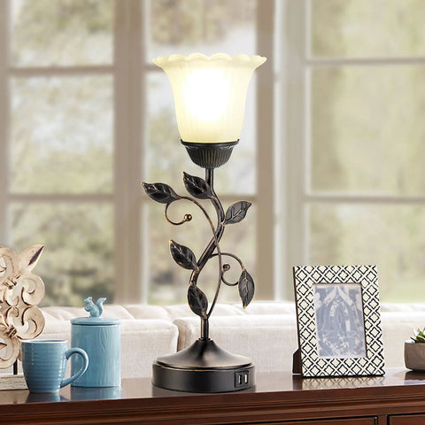 Touch Bedside Lamp With Dual USB Ports And 3 Way Dimming, Vintage White Glass Shade Leaf Design For Bedroom Or Living Room, LED Bulb Included, Easy Nightstand Light For Cozy Mornings on wooden table
