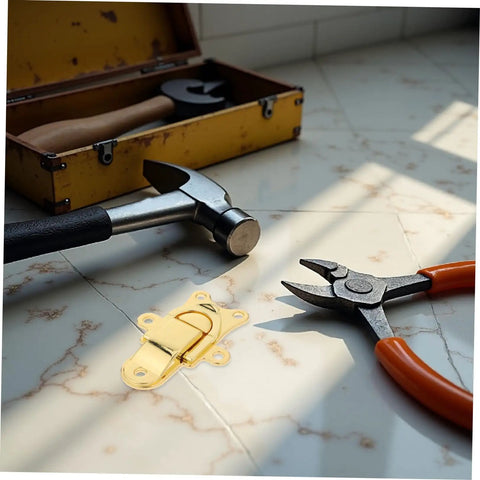 Party Kindom Vintage Zinc Alloy Jewelry Box Hasps With Secure Latch Lock on a surface with tools and a toolbox.