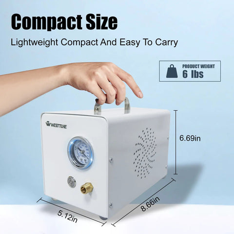 Oilless Lab Diaphragm Vacuum Pump Go To Filtration Device For The Lab With Two Rubber Tube Types And Negative Pressure At 15 L Per Minute Ideal For Filtration Degassing And Drying In Scientific Experiments held by a hand showcasing its compact size and weight of 6 lbs