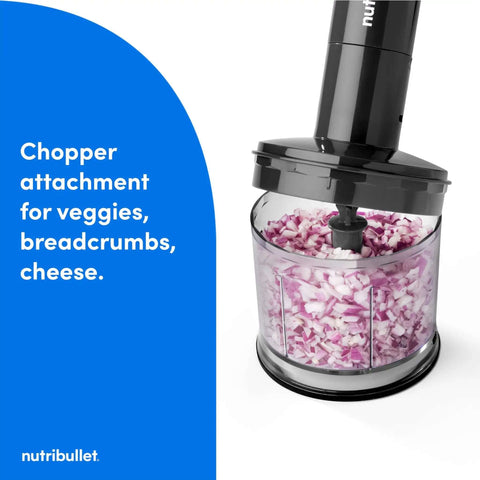 Chopper attachment for Heavy Duty Yet Slick Handheld Immersion Blender With Rugged Stainless Shaft and Versatile Whisk Hook for pureeing soups.