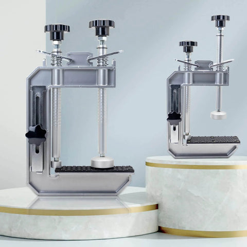 45 Degree Stone Mitre Clamp For Countertop Seam Splicing displayed on marble platforms