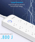 Power Strip Surge Protector With Eight Outlets And Three USB Ports For Fast Charging, 1800 Joules Overload Protection
