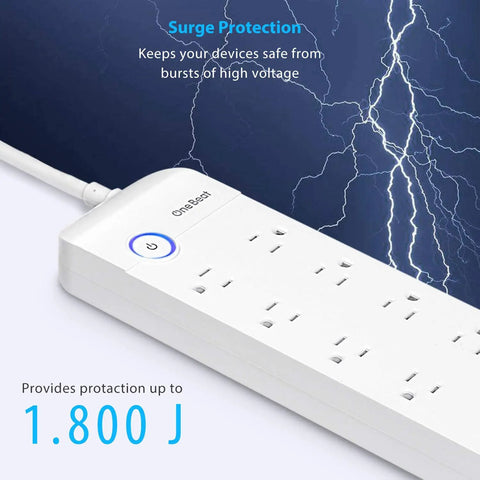 Power Strip Surge Protector With Eight Outlets And Three USB Ports For Fast Charging, 1800 Joules Overload Protection