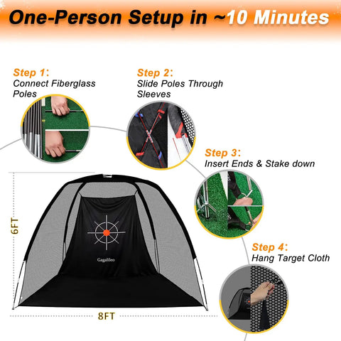 Quiet Indoor Golf Net 8X6 Feet With Target For Practice, set up instructions with images of steps for easy assembly