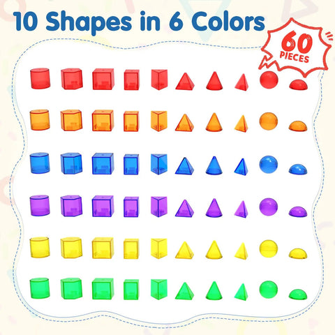 60-Piece Kid-Friendly 3D Shapes For Kids Translucent Geometric Set For Light Table Play And STEM Learning, 10 Shapes