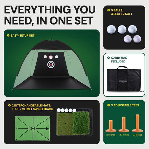 All-In-One Golf Practice Net Set With Dual Mats 3 Tees And 5 Balls For Indoor And Outdoor Swing Practice image display.