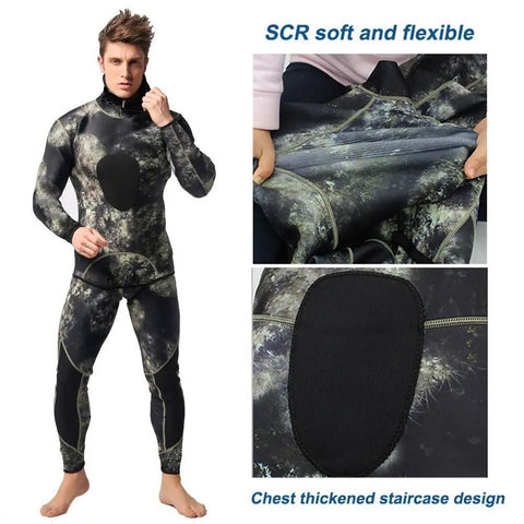 Mens Camo Spearfishing Wetsuit 3mm and 1.5mm Neoprene Two Piece Hooded Long Sleeve Dive Set with chest and knee pads