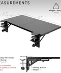 Measurements of Boss Move Heavy Duty Clamp On Desk Extender With Foldable Keyboard Tray And Padded Wrist Support Expands Workspace For Sit Stand Tables Smooth Setup All Day Grind Black.