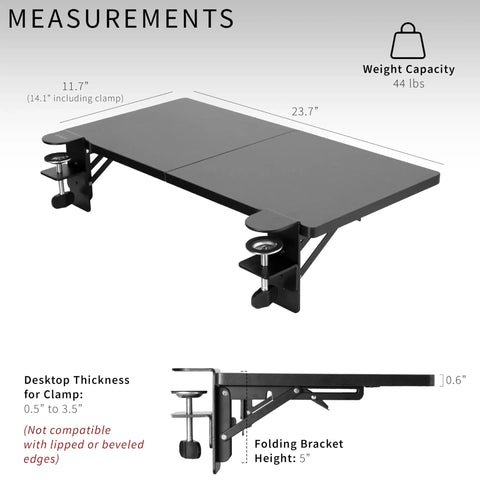 Measurements of Boss Move Heavy Duty Clamp On Desk Extender With Foldable Keyboard Tray And Padded Wrist Support Expands Workspace For Sit Stand Tables Smooth Setup All Day Grind Black.