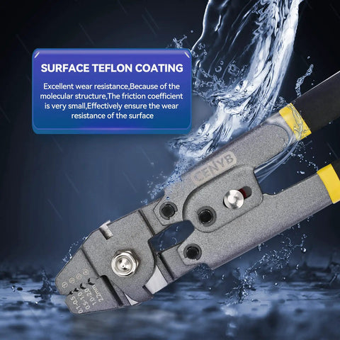 Heavy Duty Pro Grade Wire Rope Crimping Tool And Cutter Kit showing surface Teflon coating detail for secure crimps