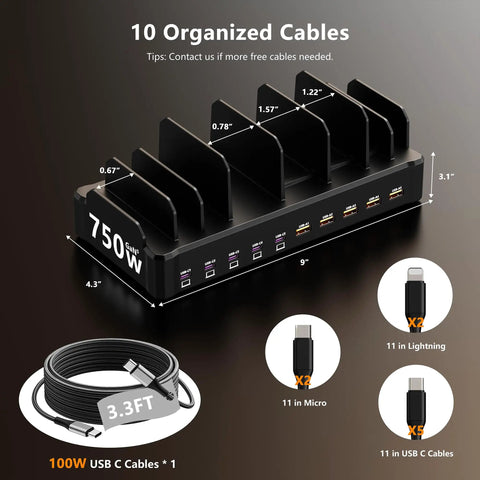 10 Port USB-C Desktop Charging Station With 750W Total Output, 5 USB-C 120W Each And 5 USB-A 30W Each, shown with cables