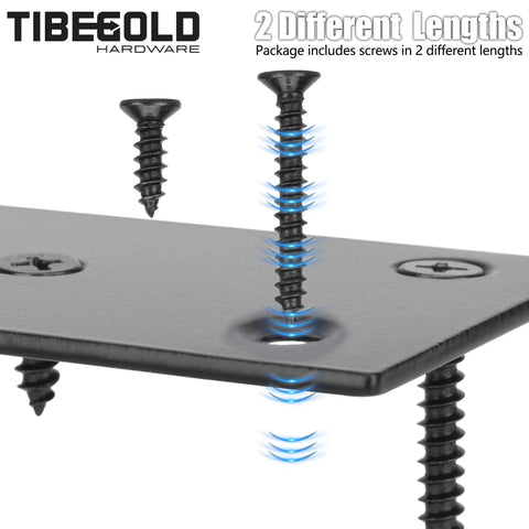 Heavy Duty Bulletproof Black Mending Plates For Wood Furniture And Fence Fixes, Double Wide Steel Brace Brackets with screws of 2 lengths.