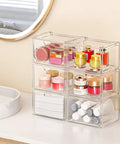Super Slick Acrylic Stackable Drawer Set Of Six Pack For Vanity And Bathroom Desk Organization Modular Units Stack Up Fast to store cosmetics and toiletries.