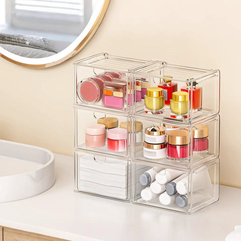 Super Slick Acrylic Stackable Drawer Set Of Six Pack For Vanity And Bathroom Desk Organization Modular Units Stack Up Fast to store cosmetics and toiletries.