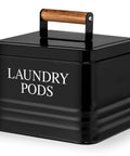 Modern Farmhouse Metal Laundry Pods Holder With Lid, black finish, wooden handle, holds 81 pods, tidy storage solution.