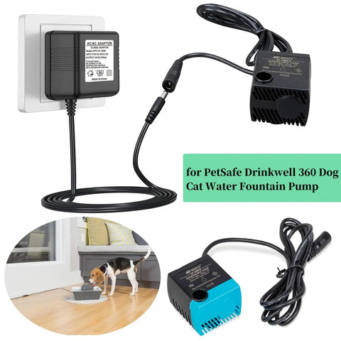 12V Power Adapter for Drinkwell 360 Water Fountain Dog and Cat, compatible with PAC00-13206 pump, displayed with connected cord