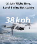 Ultra Lightweight Mini Drone With QHD Video in flight over ocean with text showing 31-min flight time and 38 kph wind resistance.
