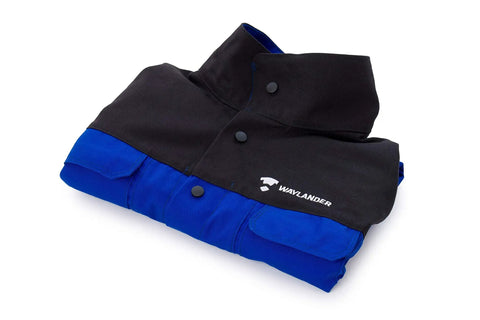 Flame Resistant FR Cotton Welding Jacket With Snap Front And Wrist Closures In Black And Blue, Lightweight Protective Gear, XXL