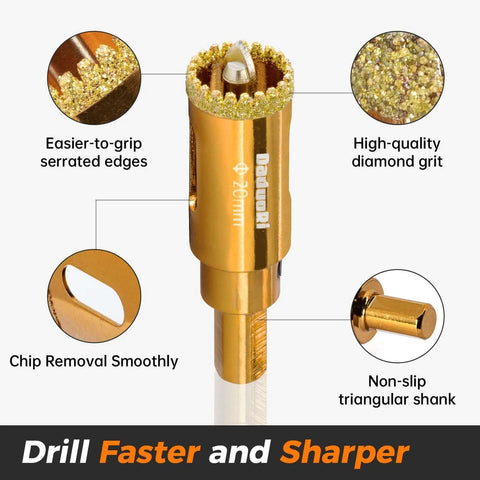 Amazon DaduoRi 1-1/4 in serrated diamond hole saw with 2 removable pilot bits; gold finish for porcelain, ceramic tile, granite, marble.