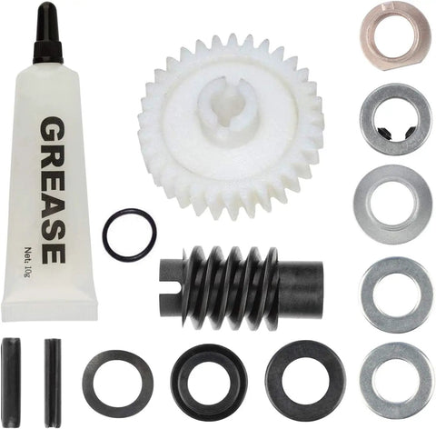 Two Pack Replacement Gear and Sprocket Kit For One Third And One Half HP Chain Drive Garage Door Openers Fits Chamberlain Sears Craftsman Models Includes Gear Sprocket Grease And Quick Start Instructions, showing grease and gear components.