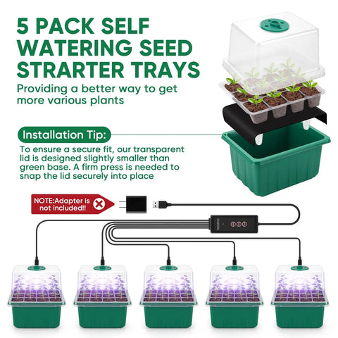 Self Watering Seed Starter Tray Kit With Grow Light And Humidity Dome shown with 5 trays, seedlings, and installation tip.