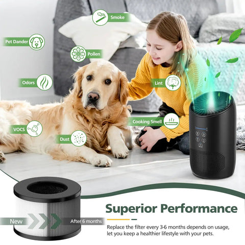 Child with dog near air purifier showcasing HEPA Replacement Filter For PARTU And Slevoo BS 03 Air Purifier With 3 In 1 Filtration System
