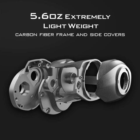 Exploded view of Zephyr Bait Finesse Baitcasting Reel, Carbon Fiber Construction, Drag Clicker Version, Lightweight Precision Gear.