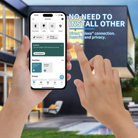 Hand holding smartphone configuring Go To Smart Plug Dimmer With Remote For Indoor Lighting Alexa Ready Digital Light Switch.