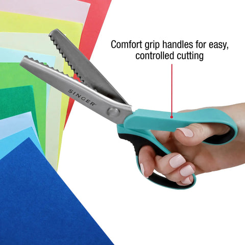 ProGrade 9 Inch Pinking Shears Stainless Steel No Fray Zigzag Cut For Clean Edges And Long Lasting Sewing Projects From Garments To Quilts Featuring Precision Edge Control And Durable Comfortable Grip, teal handle cutting paper