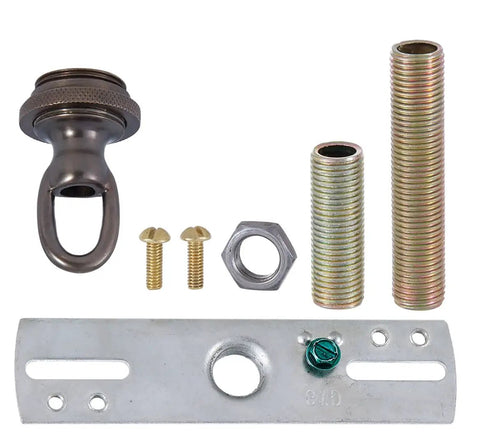 Old School Antique Bronze Cast Brass Ceiling Light Canopy Kit With Screw Collar Loop Five And A Half Inch Diameter And Three And Three Eighths Inch Deep Includes Crossbar Mounting Hardware And One Quarter Inch IPS Threaded Rod components