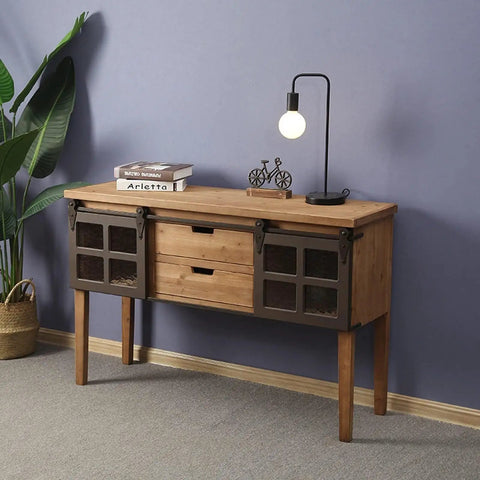 Heavy Duty Industrial Wooden Wine Cabinet Sideboard With Massive Floor Mount Bottle Storage And Durable Scratch Resistant Finish, stylish design with two drawers.