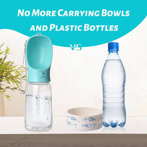 Leak Proof Dog Water Bottle For Outdoors next to bowl and plastic bottle on table.