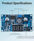 Front view of Blue LM2596 Adjustable DC-DC Buck Converter Module With LED Voltage Display, showing components and specifications.