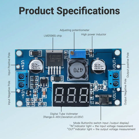 Front view of Blue LM2596 Adjustable DC-DC Buck Converter Module With LED Voltage Display, showing components and specifications.