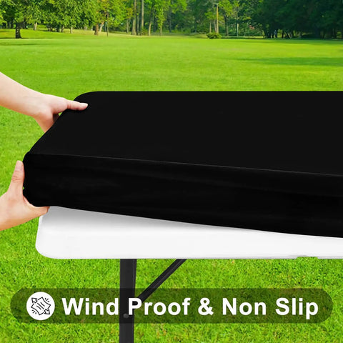 Elastic Fitted Flannel Backed Vinyl Tablecloth For 6ft Folding Tables, Waterproof Wipeable Cover For Indoor Outdoor Use, Black 30x72