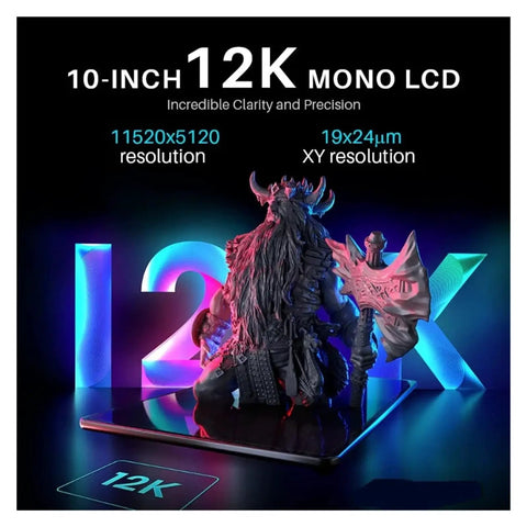 Premium 12K LCD Panel for Resin 3D printer with vibrant colors and a detailed display of a 10-inch printed model.