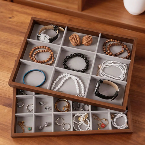 Dope Wooden Velvet Jewelry Organizer Tray With Nine Grid Compartments Stackable Ring Earring Necklace Valet Dish filled with accessories.
