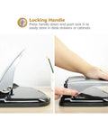 Close-up of EZ Squeeze Three Hole Punch With No Jam Technology showing locking handle for easy storage in black and silver.