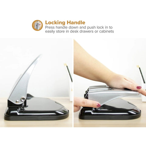 Close-up of EZ Squeeze Three Hole Punch With No Jam Technology showing locking handle for easy storage in black and silver.