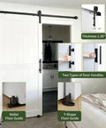 White Interior Sliding Barn Door 38 By 84 Inches With Heavy Duty Track Smooth Glide Rollers for Closet Bedroom Bathroom setup and handles.