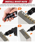 Pro Grade Heavy Duty Pneumatic Rivet Nut Gun Tool With 1 Quarter 5 Sixteenths 3 Eighths Self Locking Heads Embedded Muffler Vent Adjustable Speed Control Alloy Steel Rotor Durable Air Rivet Nut Gun Kit With 8 Mandrels demonstrating installation process in metal panels.