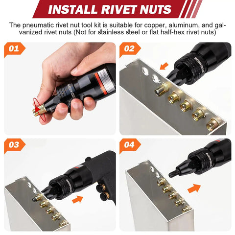 Pro Grade Heavy Duty Pneumatic Rivet Nut Gun Tool With 1 Quarter 5 Sixteenths 3 Eighths Self Locking Heads Embedded Muffler Vent Adjustable Speed Control Alloy Steel Rotor Durable Air Rivet Nut Gun Kit With 8 Mandrels demonstrating installation process in metal panels.