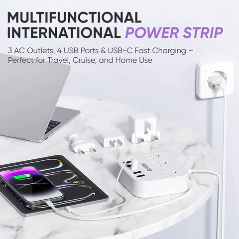 All In One International Power Strip With USB C And Four USB Ports EU UK US Plug Adapter on marble table with devices charging