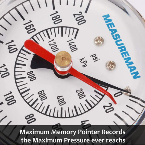 MEASUREMAN 2-1/2 inch Water Pressure Test Gauge with 3/4 inch hose thread; white dial with red pointer, 0-200 psi/kPa.