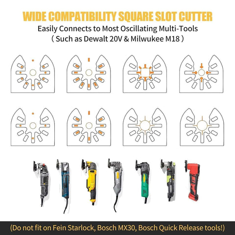 Two-piece stainless steel square slot cutter set for drywall electrical box cutouts; compatible with Dewalt 20V and Milwaukee M18 oscillating tools.