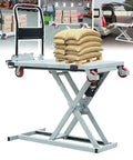 Heavy Duty Hydraulic Scissor Lift Trolley Cart With Electric Flatbed Platform for moving pallets and loads in warehouses.